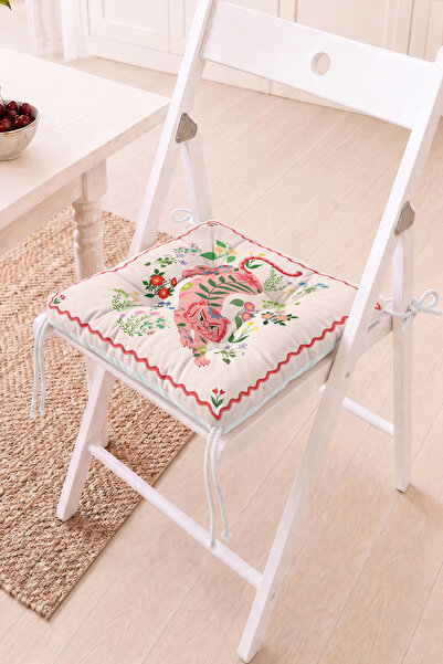 Home Çiçekli Pembe Kedi Desenli Pofidik Sandalye Minderi - Bahçe Sandalye Min...