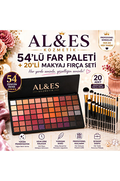 AL&ES kozmetik AL&ES 54'lü Far Paleti + 20'li Profesyonel Makyaj Fırça Seti -...