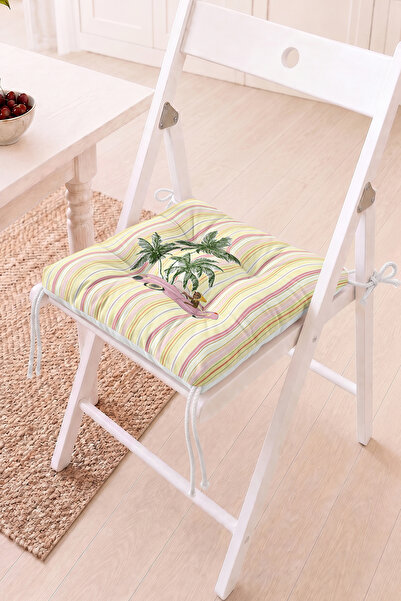Home Palmiye ve Pembe Klasik Araba 501 Desenli Pofidik Sandalye Minderi - Çiz...