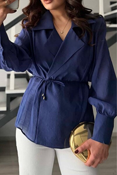 Suziş Dark Blue Padded Double-Breasted Chiffon Shirt 5029