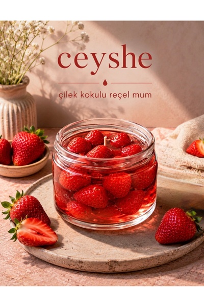 CeyShe Çilek Kokulu Dekoratif Çilek Reçeli Jel Kavanoz Reçel Mum