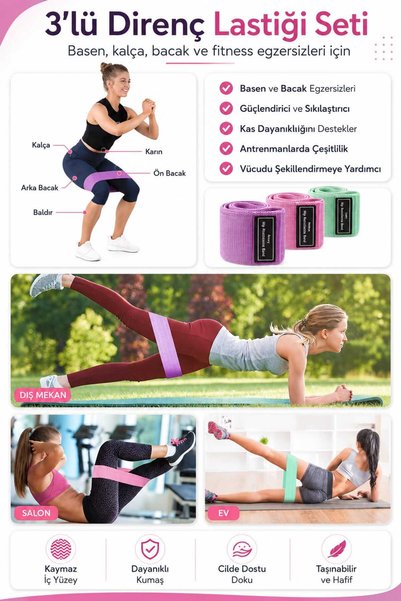 Deconitte 3-Piece Fabric Resistance Band Set Non-Slip Pilates Fitness Hip Leg Exercise Squat and Loop