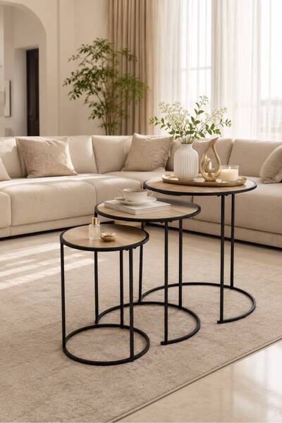 Generic Set of Round Nesting Tables Black Metal Frame with Beige Wood Top for...