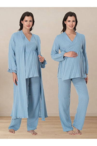 ByLohusa Comfortable Cut Muslin Fabric Maternity Pajama Set with Nursing Feat...