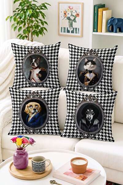 Home Asil Kedi ve Köpek Portreli 4’lü Kırlent Kılıfı Seti - Siyah Beyaz Kazay...