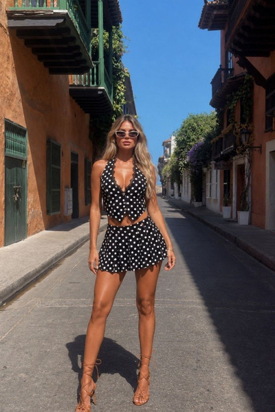Afitapbutikmoda Şortlu Piliseli Puantiyeli Etek Crop Takım