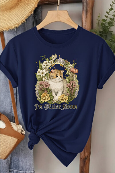 l'eivor Tricou din bumbac pentru femei cu imprimeu I'm Feline Good Cat