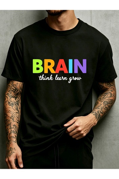BASEPULSE تي شيرت رجالي بتصميم ملون بطبعة Brain THINK Learn Grow، بياقة دائري...