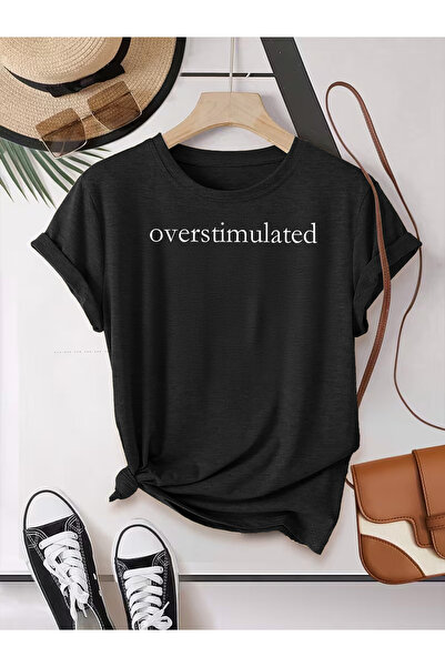 NOURAM تي شيرت نسائي صيفي أوروبي وأمريكي مطبوع عليه 'Overstimulated' بتصميم ع...