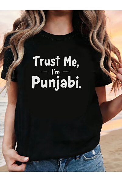 NOURAM تي شيرت نسائي، مطبوع عليه عبارة "Trust Me I'm Punjabi"، تي شيرت أسود ب...