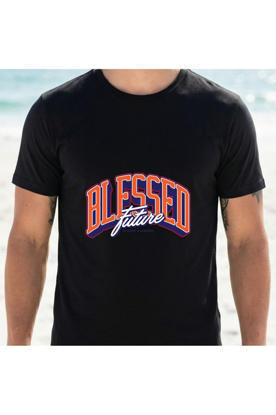 BASEPULSE تي شيرت أسود بطباعة جرافيكية لـ "Blessing Future"، مناسب للشاطئ وال...