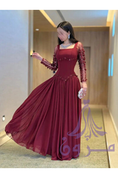 Mazon Fashion Burgundy evening dress decorated with roses