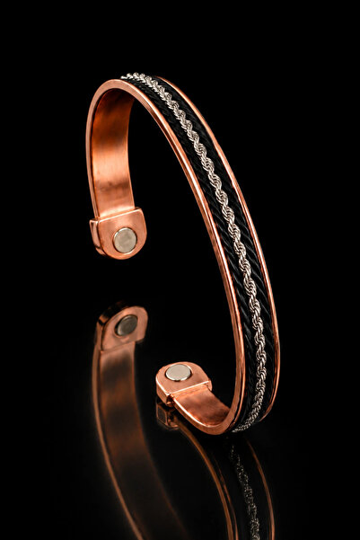 OSMANLI GÜMÜŞ Men's and Women's Copper Bracelet with Black Leather Strips on ...