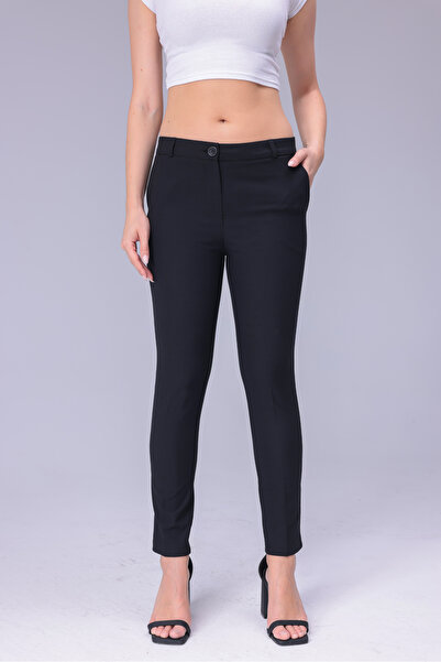 CESS Women's Black Normal Waist Tight-Leg Fabric Pants Lycra Slim Fit Office ...