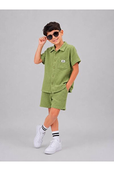Erzani Kids Момчешки летен комплект от риза с къс ръкав и къси панталони от м...