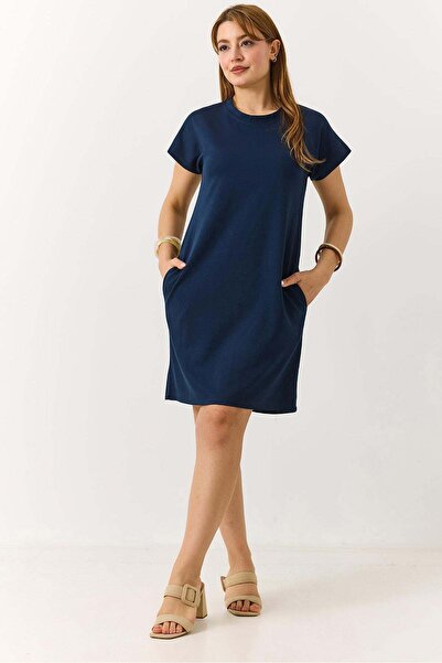 Raneel Kazançlı Alışveriş Women's Short Sleeve Crew Neck Midi Dress Navy Blue