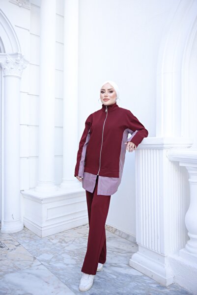 MİMİ Luxury Wear Women's Striped Garnished Zippered Hijab Bottom - Top Set