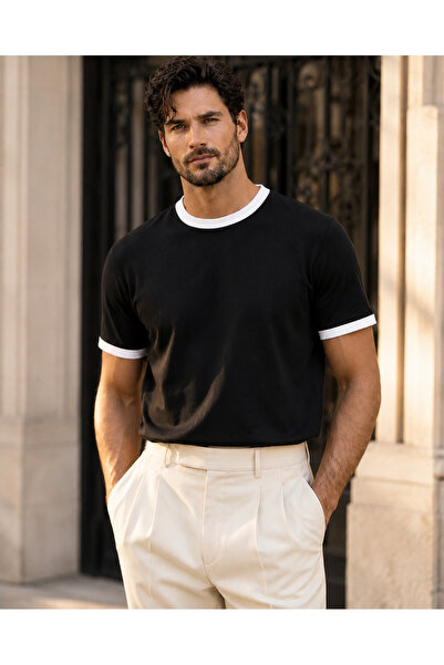 Valiberta Capra Collar Cuffed Basic Cotton Lycra Two-Thread Men's T-Shirt - B...