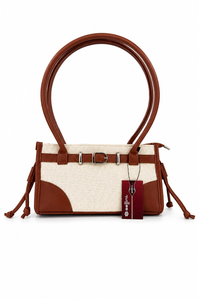 Sellini Linen Leather Detailed Rio Baguette Women's Shoulder Bag Brown