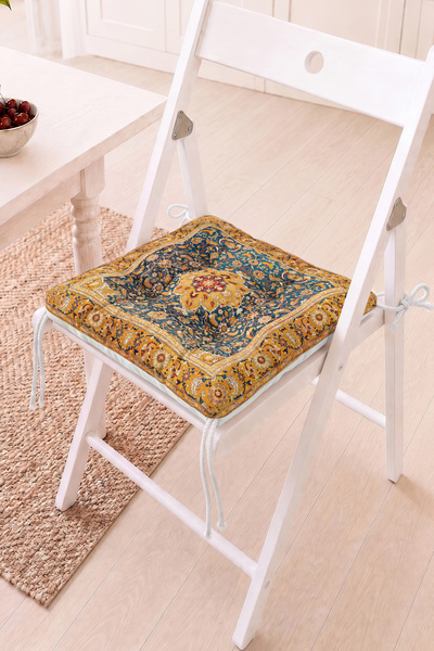 Home Mavi ve Altın Renkli Etnik Desenli Pofidik Sandalye Minderi - Vintage Şı...