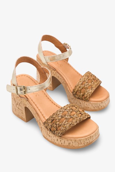 İNNABUTİKK Blair Women's Genuine Leather Straw Heeled Sandals - Gold