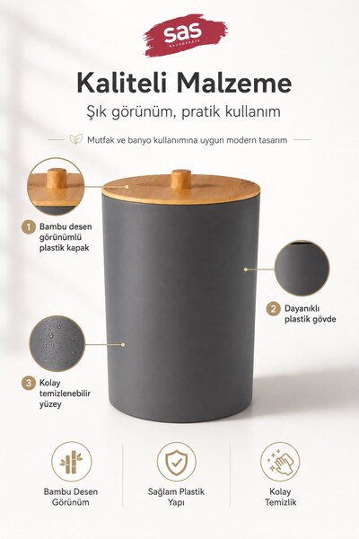 Sas Haus Bambu Desen Kapaklı Plastik Çöp Kovası 7 Litre Antrasit Mutfak Banyo Çöp Kovası