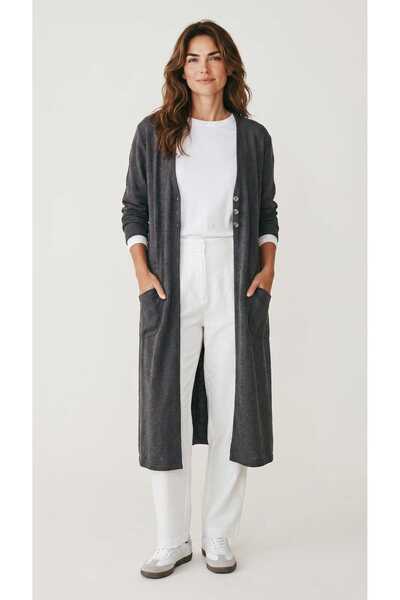 ECE GİYİM Women's Jacquard Summer Long Cardigan with Three Button Pockets on the Front