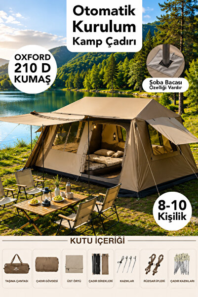 fischerone Otomatik Kurulum Kamp Çadırı - 10 Kişilik Soba Baca Özellikli Oxfo...