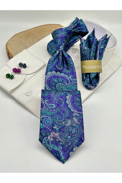 Gutiero Classic Tie with Turquoise Shawl Patterned Handkerchief