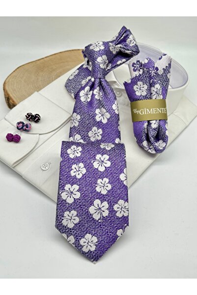 Gutiero Classic Tie with Purple Floral Pattern and Handkerchief