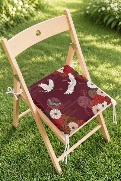 Home Turna Kuşu ve Çiçek Desenli Fermuarlı Sandalye Minderi - Bordo Retro Bah...
