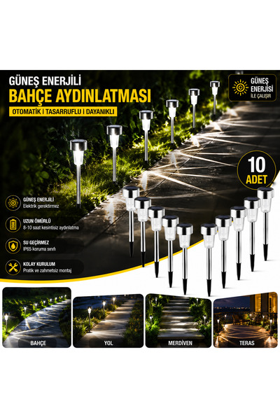 ADLAND Güneş Enerjili Solar Lamba Bahçe Aydınlatması 10'lu Metal Yapı ile Kol...