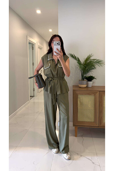 BİRCANÇİL Dolver Khaki Stone Embroidery Detailed Linen Vest and Trousers Set