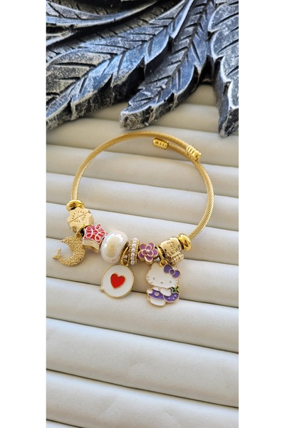 YİĞİTKARANAKSESUAR Steel Gold Charm Bracelet – with Kitty Figure