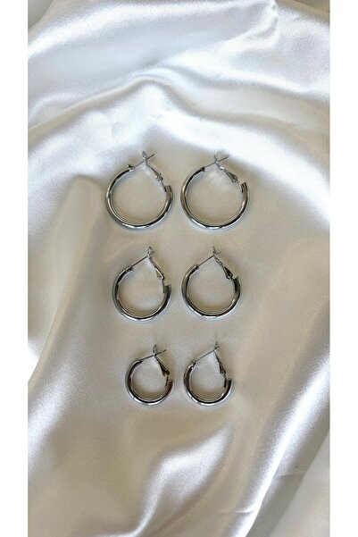 Eylülün Takısı Women's Silver Color Different Size 3-Piece Hoop Earring Set