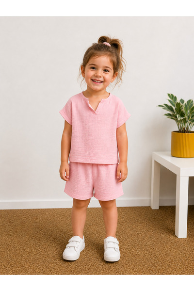 ues Girl's Pink Muslin Shorts Set