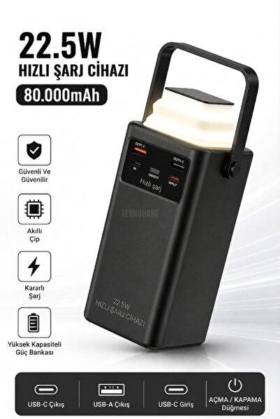 TEKNOHANE 80.000mAh 22,5Watt Hızlı Şarj Dijital Göstergeli Kendinden Kablolu ...