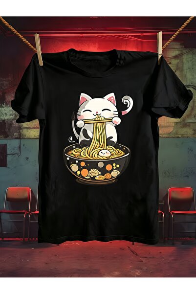 2mcup Men'S Pure Short-Sleeve T-Shirt, Featuring a Cat Ramen Print, Suitable ...