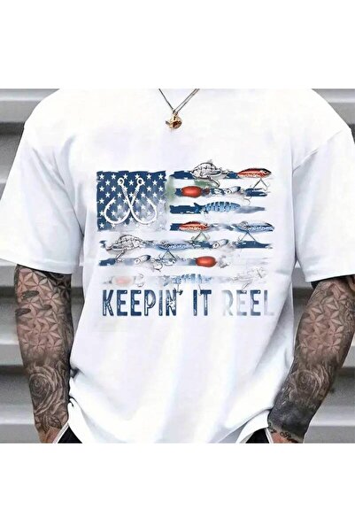 12 Teknoloji 100% cotton T-shirt with American flag fish-shaped lure and hook...