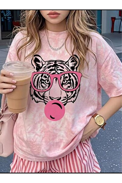 Touz Moda Pink Bubblegum Tiger Washable Vintage Unisex Oversize T-Shirt
