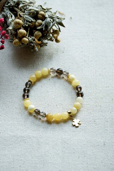 Orenda Design Smoky Quartz Calcite Natural Stone Bracelet with Clover Symbol ...