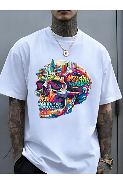 BASEPULSE Plus-size T-shirt Featuring Street Art Style Vibrant Skull Pattern|...