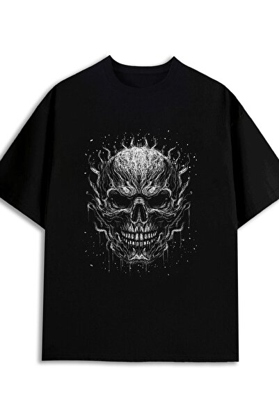 BASEPULSE Flaming Skull Tee Skeleton Print Men 180G 100% Black Activewear, Pe...