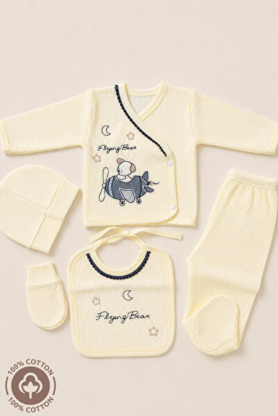 Miniel Unisex Bebek Waffle Kumaş Nakışlı %100 Pamuklu 5'Li Yenidoğan Bebek Ha...
