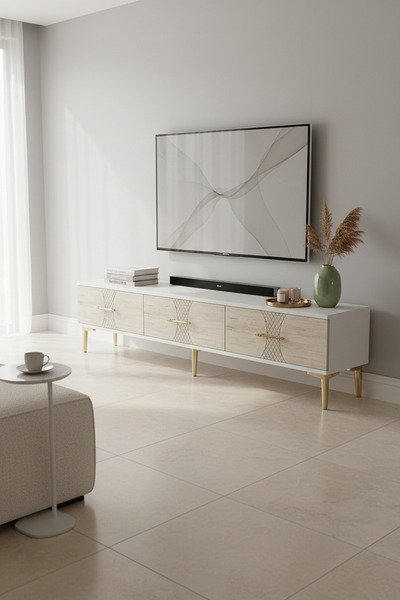 cnyr TSA1832BTG SLİM TV STAND, TV SEHPASI BEYAZ-TRAVERTEN-GOLD 180CM