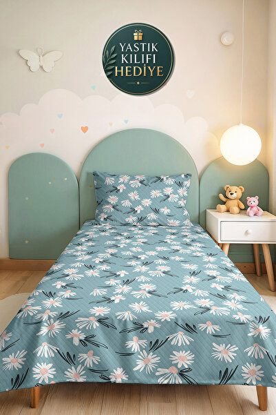 Evimde Bambaşka Daisy Blue Floral Single Pique Set-Pastel Botanical Anthracit...