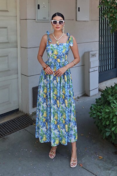 BEJNA Women's Patterned A-Line Linen Touch Woven Dress with Tie Straps