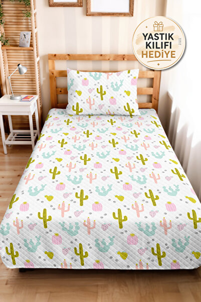 Evimde Bambaşka Pastel Cactus White Young Room Single Pique Set - Mint Pink 1...