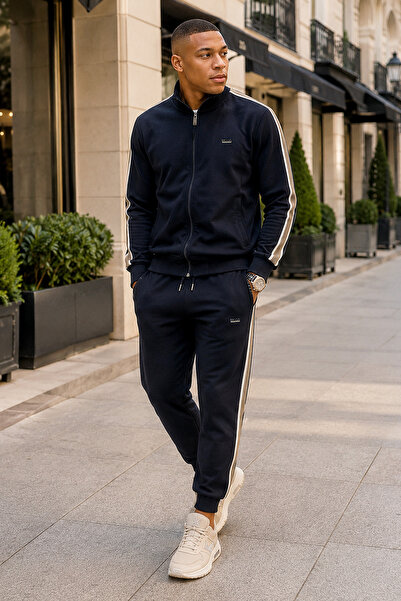BESSA Navy Blue High Collar Striped Tracksuit Set with Zipper Pockets, Elasti...