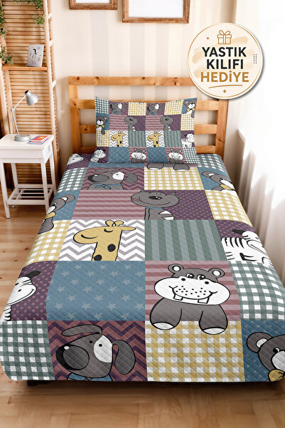 Evimde Bambaşka Safari Animal Pastel Children's Teen Room Single Pique Set-Bl...
